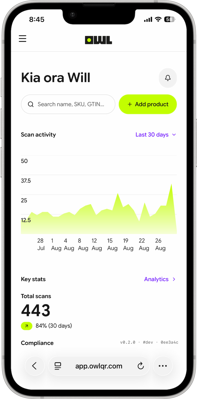 The OwlQR dashboard on a phone, showing scan activity for the last 30 days.