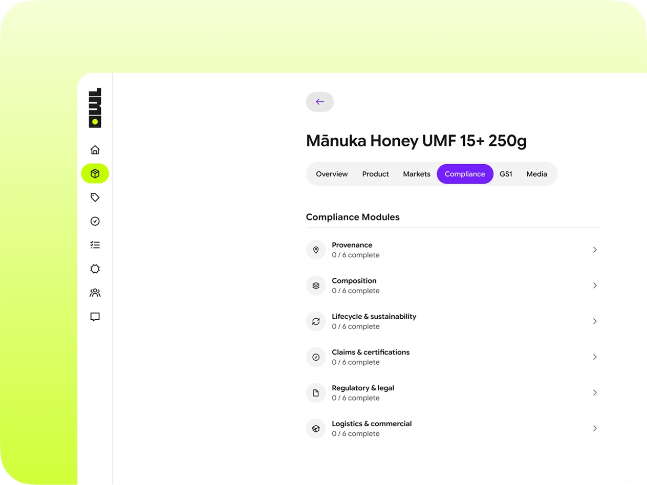 The compliance tab of a honey product in OwlQR, with six groups of data to complete.
