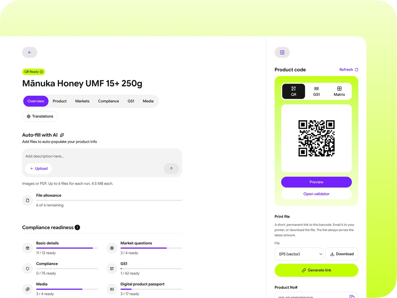 An OwlQR product page beside its QR code panel, with a preview button and a print file.