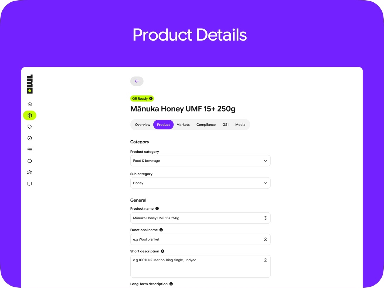 The OwlQR product form, with the category, the sub-category and the product name filled in.
