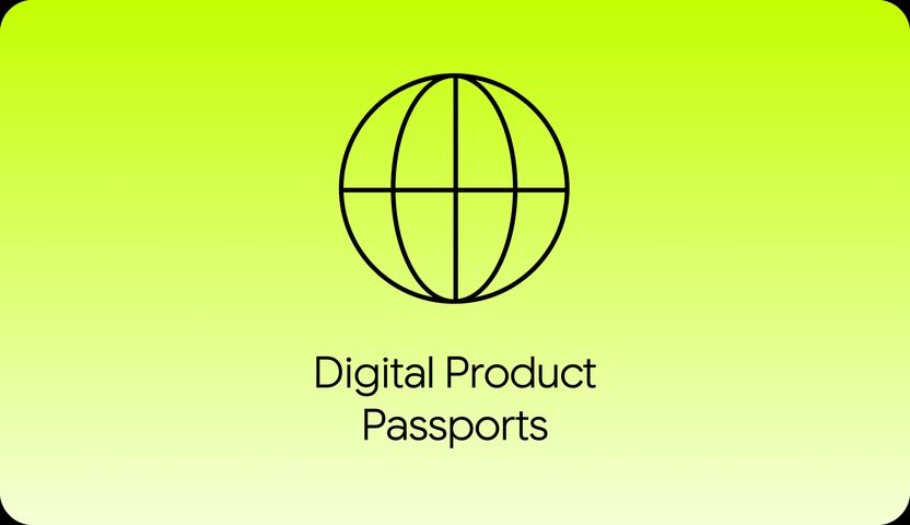 A globe outline on a lime panel, captioned Digital Product Passports.