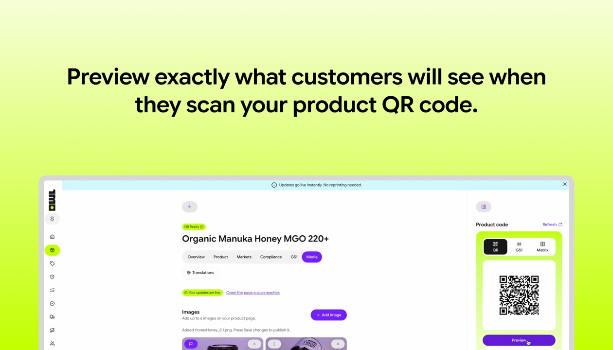 Preview exactly what customers will see when they scan your product QR code. Below the words, a product page in OwlQR with its QR code.